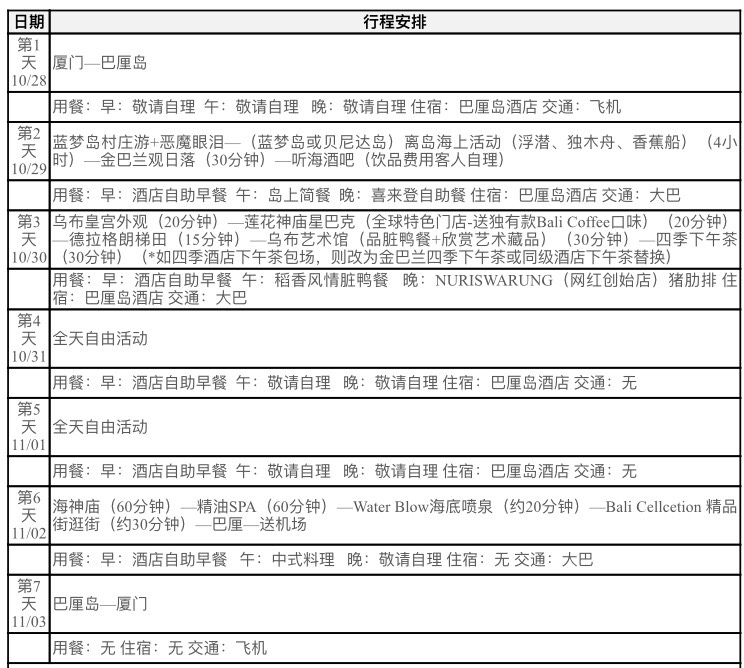 巴厘岛行程中有两天的自由行,大家根据我的行程单给点这两天的出行