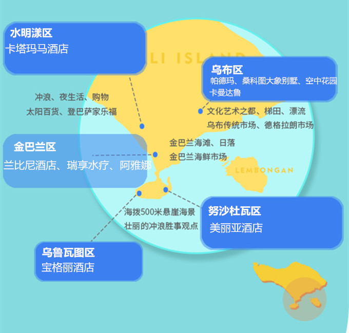 必读 酒店提供电车且每隔1015分钟从每个乘车点发车,可带蜂蜂们熟悉度假村内各处环境。 酒店距巴厘岛机场仅10公里,酒店提供接送机服务,20分钟车程可到库塔区。 酒店距离金巴兰村艺术画廊,时装店,传统市场和鱼市场约5分钟车程。 贴士 酒店内有著名的Rock Bar,每晚都会有不同的音乐表演,蜂蜂们可就着印度洋的海涛声,欣赏电音、传统音乐、击鼓等不同类型的表演哦。 酒店有多个不同类型的泳池和私人海滩,如无边泳池、儿童泳池、屋顶泳池等,让你一次泡个够。 酒店还有海滨Spa、海洋水疗池、健身房、高尔夫球场和网球