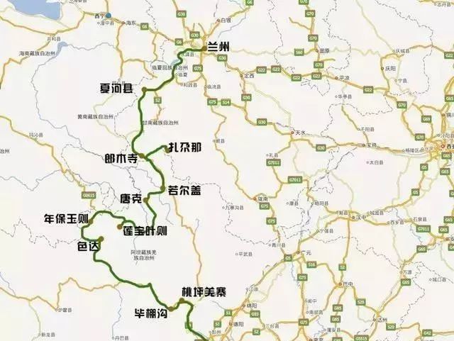 d4唐克-36km-瓦切塔林-44km-红原-124km-阿坝-42km-莲宝叶则