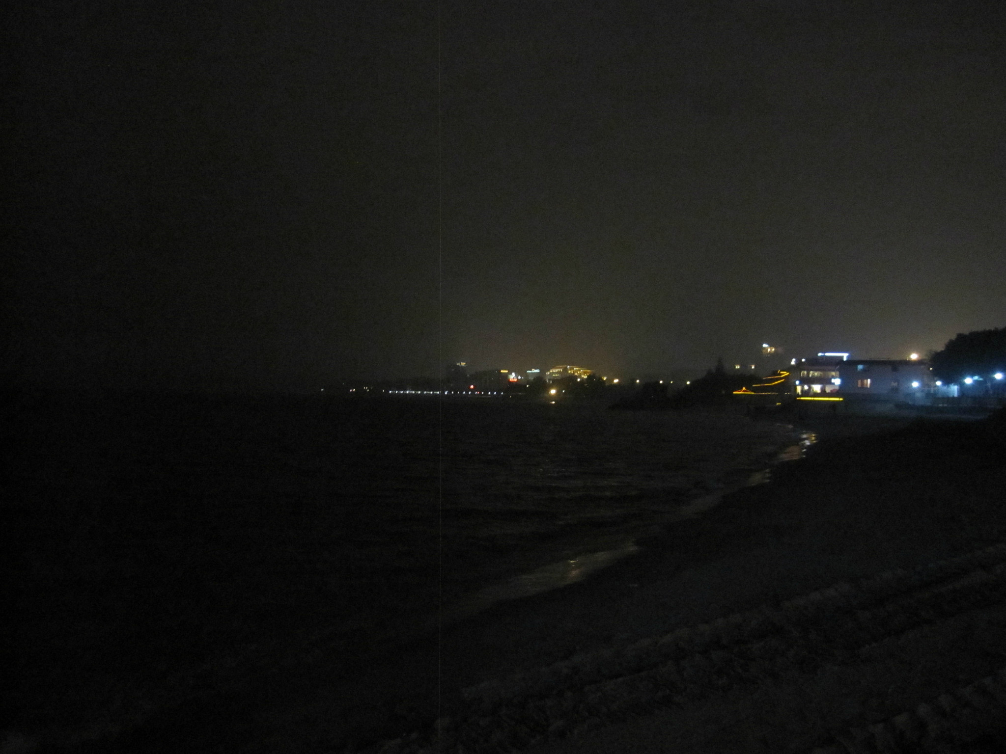 灰蒙蒙的,远处的灯光映着才勉强看清海浪,原来晚上一个人在海边漫步也