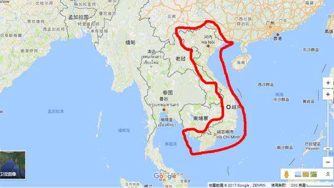 越南地域在地图上的大体形状，如红圈所示